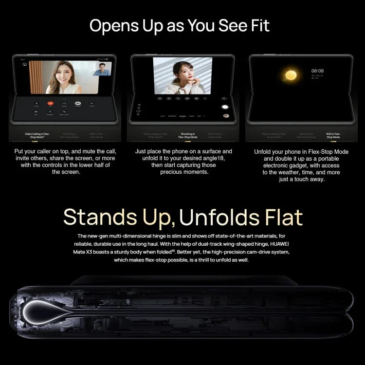 Câmaras Triplas, Face ID e Identificação por Impressão Digital Lateral, Bateria de 5060mAh, Ecrã de 7,85 polegadas + 6,4 polegadas, HarmonyOS 3.1 Snapdragon 8+ 4G Octa Core até 3,2GHz, Rede: 4G, OTG, NFC, Não Suporta Google Play, 1TB
