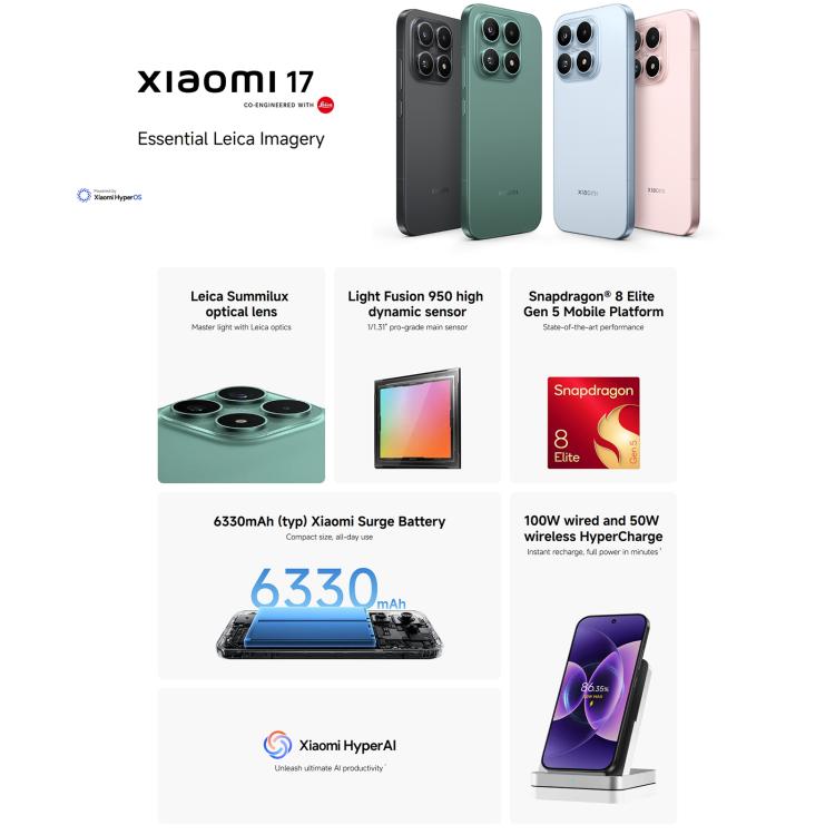 Xiaomi 17 Global, 12GB+256GB, Impressão digital ultrassónica, 6,3 polegadas Xiaomi HyperOS 3 Snapdragon 8 Elite Gen 5 Octa Core, NFC, Rede: 5G, 12GB+256GB