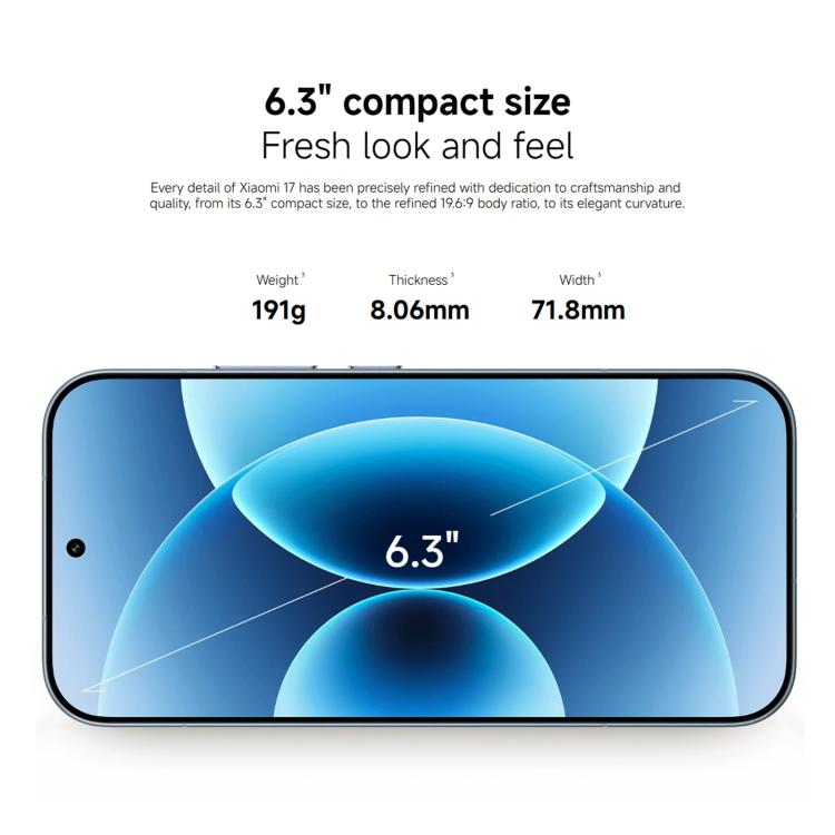 Xiaomi 17 Global, 12GB+256GB, Impressão digital ultrassónica, 6,3 polegadas Xiaomi HyperOS 3 Snapdragon 8 Elite Gen 5 Octa Core, NFC, Rede: 5G, 12GB+256GB