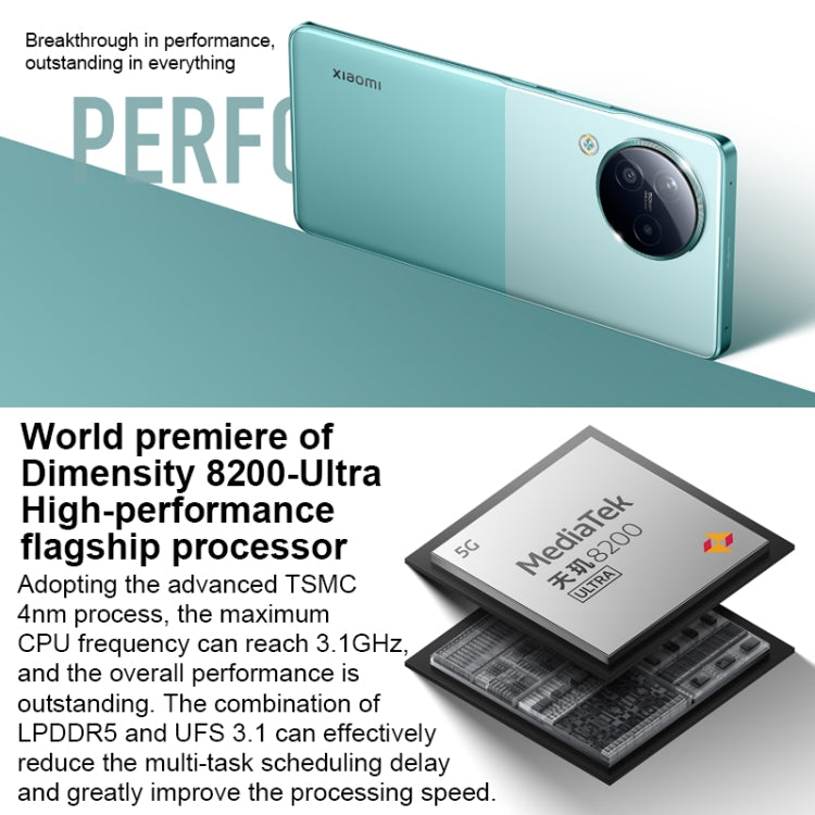 Três câmaras traseiras + duas câmaras frontais, identificação por impressão digital no ecrã, bateria de 4500mAh, 6,55 polegadas MIUI 14 Dimensity 8200-Ultra Octa Core 4nm até 3,1GHz, Rede: 5G, NFC, 16GB+1TB