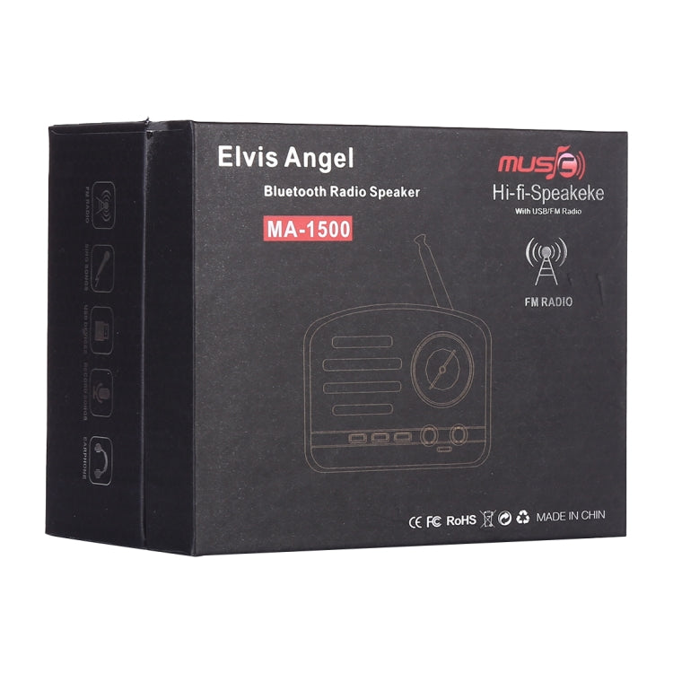 Coluna Retro Bluetooth HiFi Angel MA-1500 com Luz LED Colorida, Suporta USB, FM e AUX 3,5mm