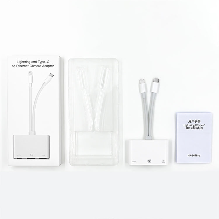 Adaptador NK-107 Pro 3 em 1 USB-C / Type-C + 8 pinos macho para USB + RJ45 + 8 pinos fêmea para carregamento, NK-107 Pro
