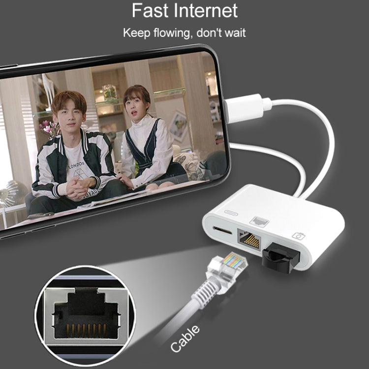 Adaptador NK-107 Pro 3 em 1 USB-C / Type-C + 8 pinos macho para USB + RJ45 + 8 pinos fêmea para carregamento, NK-107 Pro