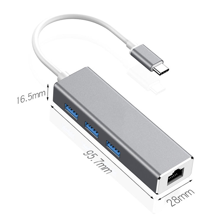 Adaptador HUB USB-C / Tipo-C para Ethernet Gigabit RJ45 & 3 x USB 3.0, Computador Externo Tablet Telefone Universal, Ethernet Gigabit