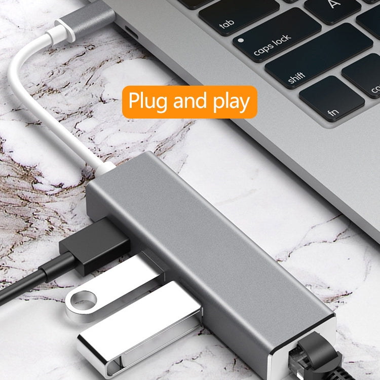 Adaptador HUB USB-C / Tipo-C para Ethernet Gigabit RJ45 & 3 x USB 3.0, Computador Externo Tablet Telefone Universal, Ethernet Gigabit