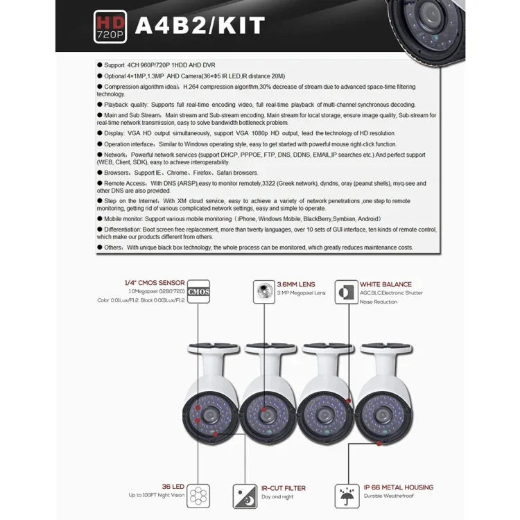 Kit NVR com 4 Câmaras IP Bullet, Suporta Visão Noturna / Detecção de Movimento, Distância IR: 20m, A4B2/Kit 720P, A4B2/Kit 1080P, A4B2/Kit 960P