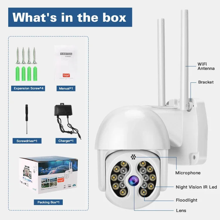 Tuya QX56 Câmara IP Sem Fios 2.4G IP66 Impermeável 3.0 Megapixels, Suporta Amazon Alexa & Google Home & Detecção de Movimento & Áudio Bidirecional & Visão Noturna a Cores & Cartão TF, Ficha EU, Suporta Amazon Alexa & Google Home