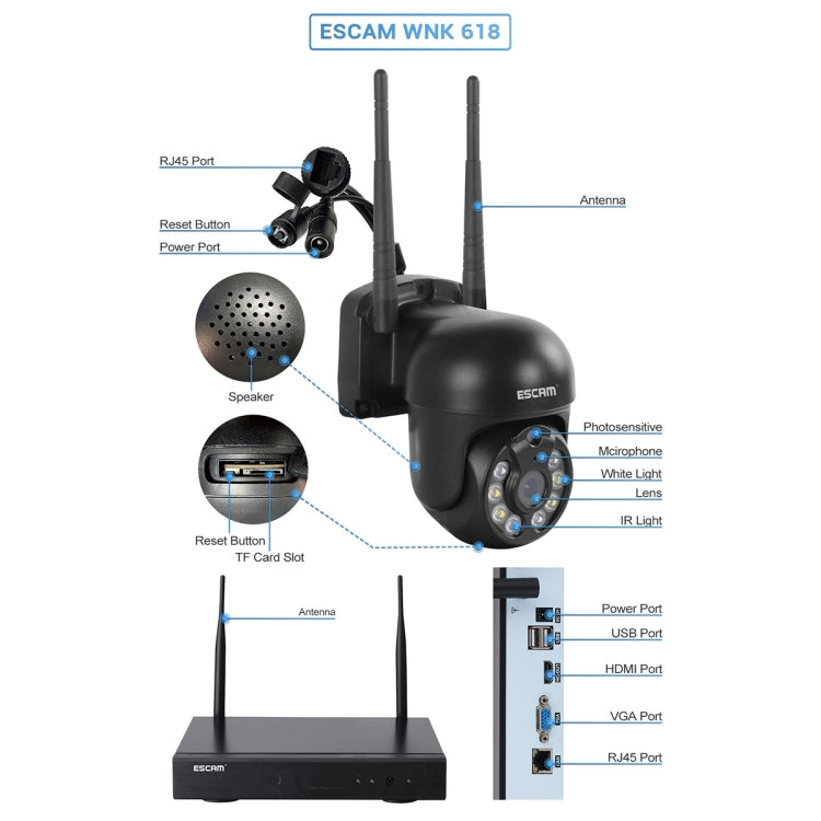 ESCAM WNK618 Câmara Dome Sem Fios de 3.0 Milhões de Pixels, Sistema de Segurança NVR HD de 8 Canais, Suporta Detecção de Movimento, Áudio Bidirecional, Visão Noturna a Cores e Cartão TF, Plugue UE, WNK618