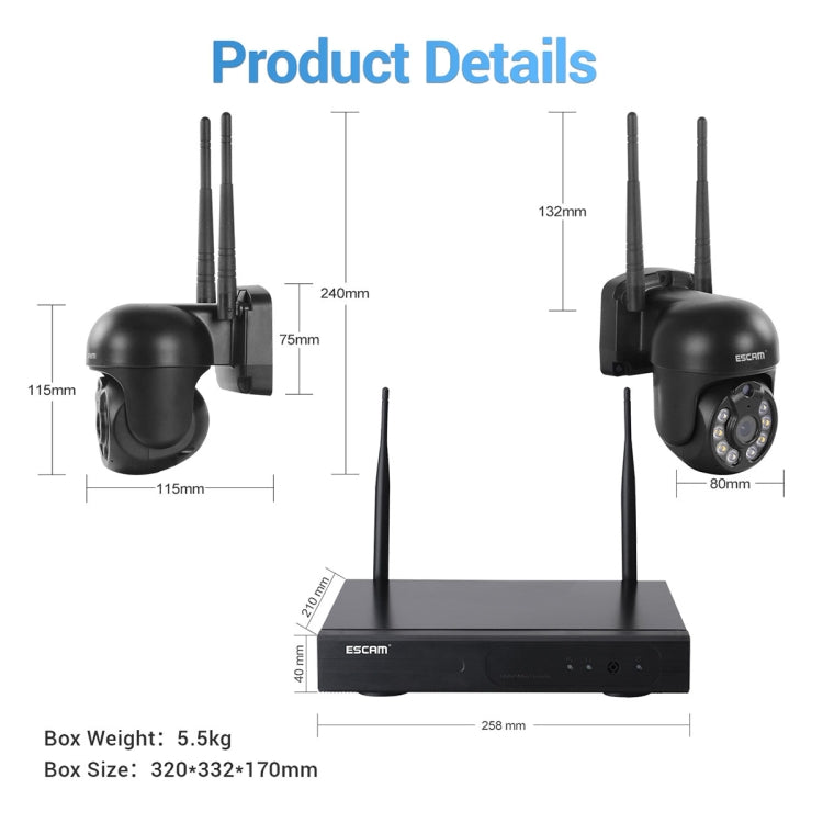 ESCAM WNK618 Câmara Dome Sem Fios de 3.0 Milhões de Pixels, Sistema de Segurança NVR HD de 8 Canais, Suporta Detecção de Movimento, Áudio Bidirecional, Visão Noturna a Cores e Cartão TF, Plugue UE, WNK618