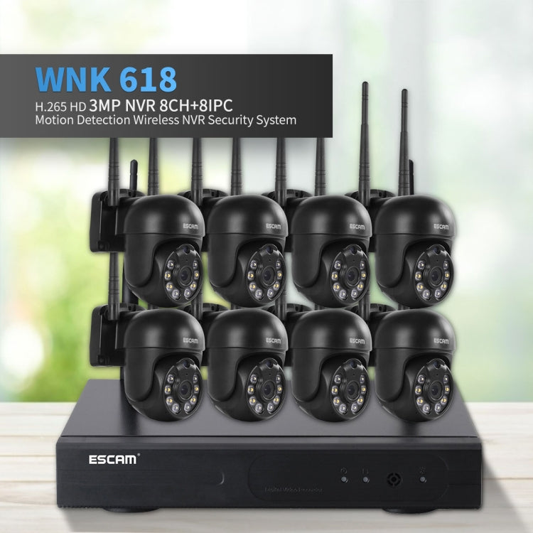 ESCAM WNK618 Câmara Dome Sem Fios de 3.0 Milhões de Pixels, Sistema de Segurança NVR HD de 8 Canais, Suporta Detecção de Movimento, Áudio Bidirecional, Visão Noturna a Cores e Cartão TF, Plugue UE, WNK618