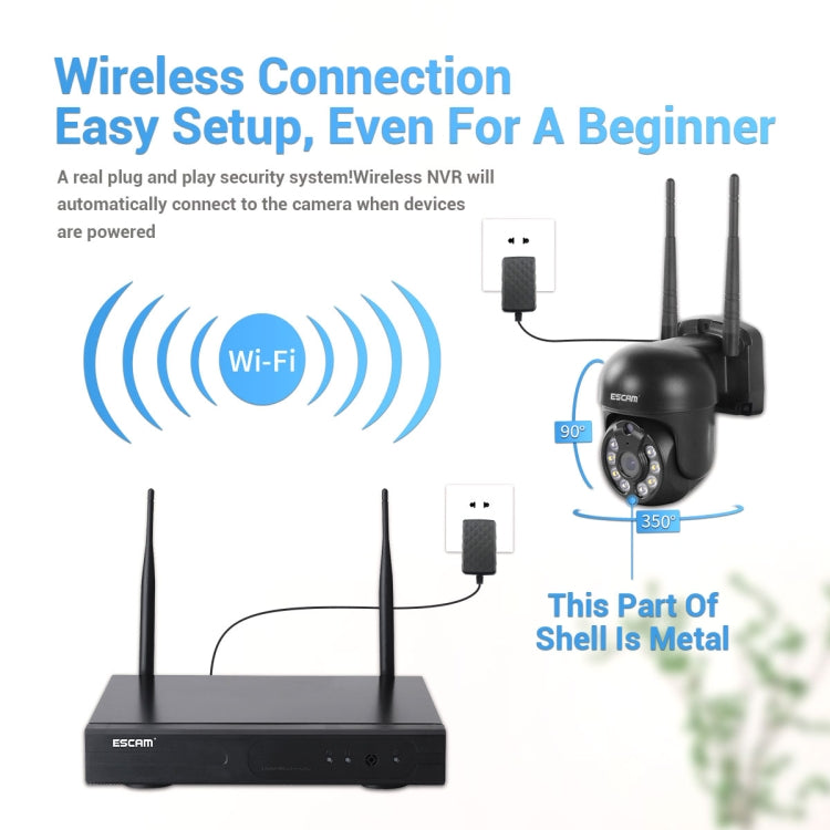 ESCAM WNK618 Câmara Dome Sem Fios de 3.0 Milhões de Pixels, Sistema de Segurança NVR HD de 8 Canais, Suporta Detecção de Movimento, Áudio Bidirecional, Visão Noturna a Cores e Cartão TF, Plugue UE, WNK618
