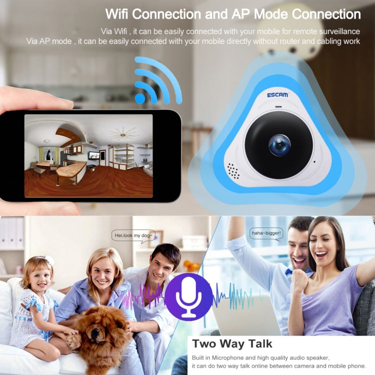 ESCAM Q8 Câmara IP WiFi 960P com Lente Olho de Peixe 360 Graus 1.3MP, Suporta Deteção de Movimento / Visão Noturna, Distância IR: 5-10m, Ficha AU, Q8 Ficha US, Q8  Ficha AU, Q8 Ficha EU, Q8 Ficha UK
