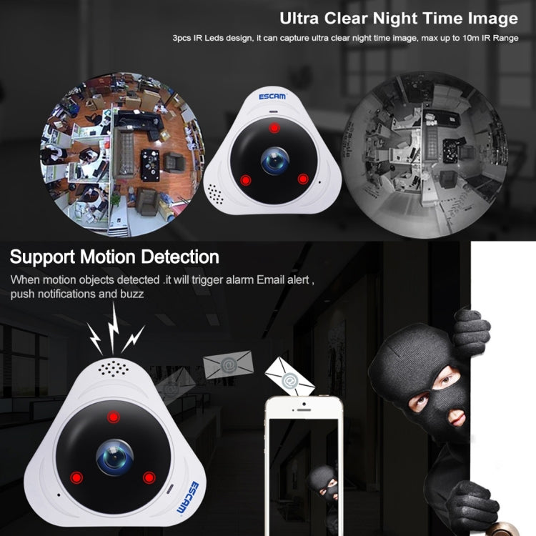 ESCAM Q8 Câmara IP WiFi 960P com Lente Olho de Peixe 360 Graus 1.3MP, Suporta Deteção de Movimento / Visão Noturna, Distância IR: 5-10m, Ficha AU, Q8 Ficha US, Q8  Ficha AU, Q8 Ficha EU, Q8 Ficha UK