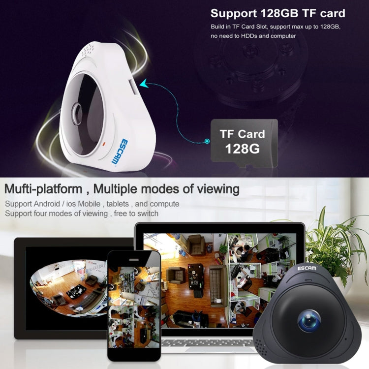 ESCAM Q8 Câmara IP WiFi 960P com Lente Olho de Peixe 360 Graus 1.3MP, Suporta Deteção de Movimento / Visão Noturna, Distância IR: 5-10m, Ficha AU, Q8 Ficha US, Q8  Ficha AU, Q8 Ficha EU, Q8 Ficha UK