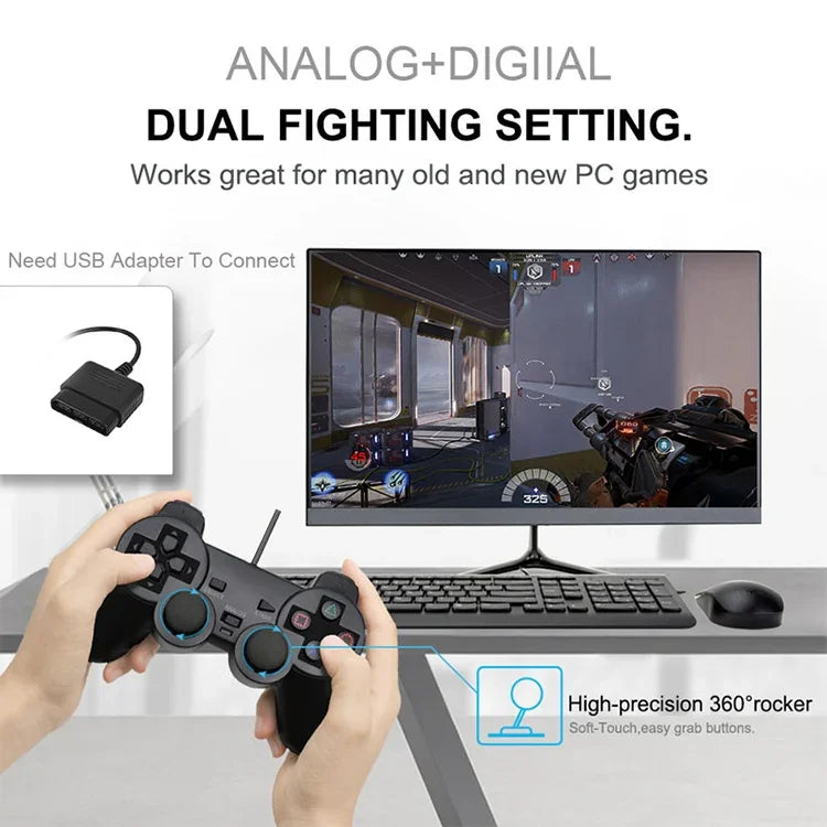 Comando de Jogo com Dupla Vibração e Cabo para PS2