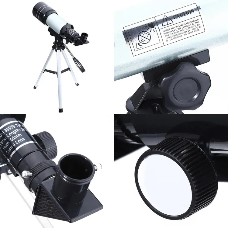 F36050 Telescópio Astronómico Profissional Portátil de Alta Definição com Zoom Elevado e Tripé de Liga de Alumínio (Prateado), F36050