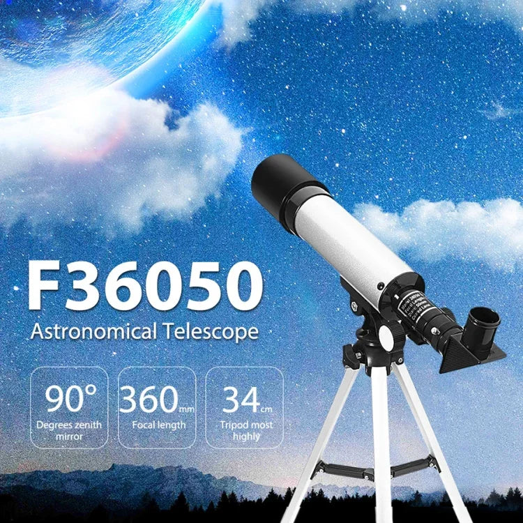F36050 Telescópio Astronómico Profissional Portátil de Alta Definição com Zoom Elevado e Tripé de Liga de Alumínio (Prateado), F36050