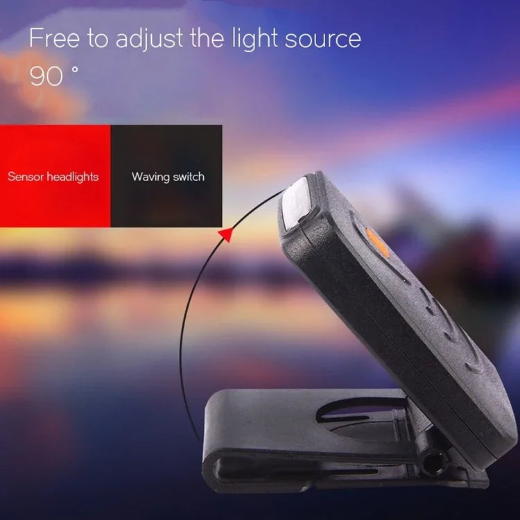Lanterna de Cabeça para Pesca, Campismo e Caminhadas com Clip para Chapéu, LED Recarregável com Sensor Infravermelho Portátil