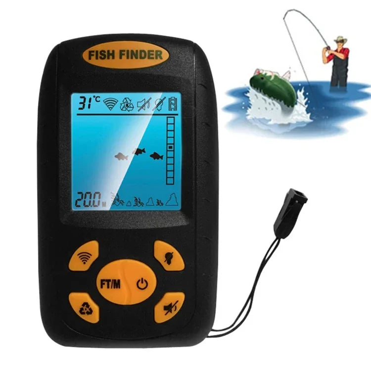 Localizador de Peixes Ultrassónico Portátil, Profundidade da Água e Temperatura, Localizador de Peixes com Sensor Sonar com Fio Transdutor e Ecrã LCD, Localizador de Peixes Preto