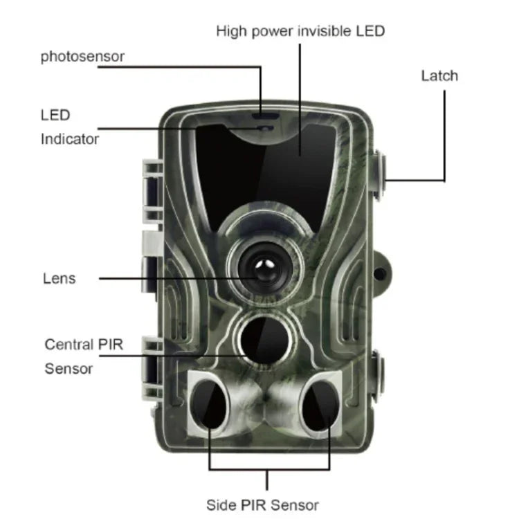 Câmara de Caça de Segurança HC801A 8MP à Prova de Água IP65 com Visão Noturna IR, Programa Novatek 96650, Ângulo Largo de 120 Graus, Ângulo de Detecção PIR de 110 Graus, HC801A