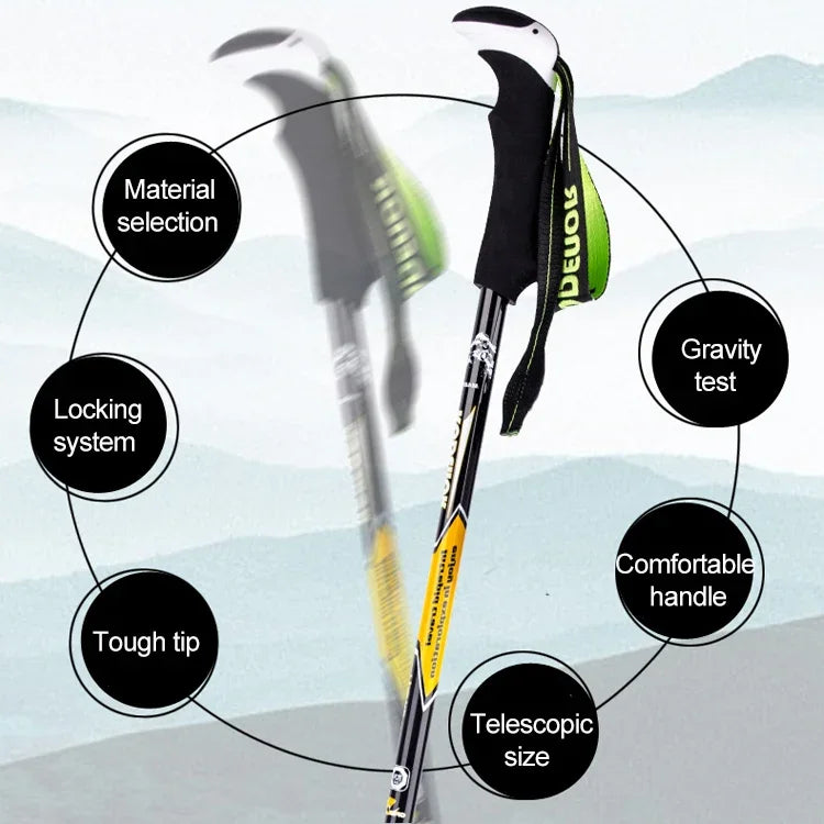 Bastões de trekking dobráveis portáteis para montanhismo KODENOR, cabo reto em fibra de carbono, comprimento: 63-135CM, (preto+verde), (preto azul), (preto amarelo)
