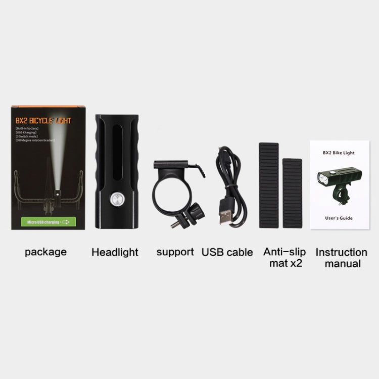 Luz Frontal de Bicicleta BX2 com Carregamento USB para Guiador LED (3 Horas, Lâmpadas L2), 3 Horas, Lâmpadas L2