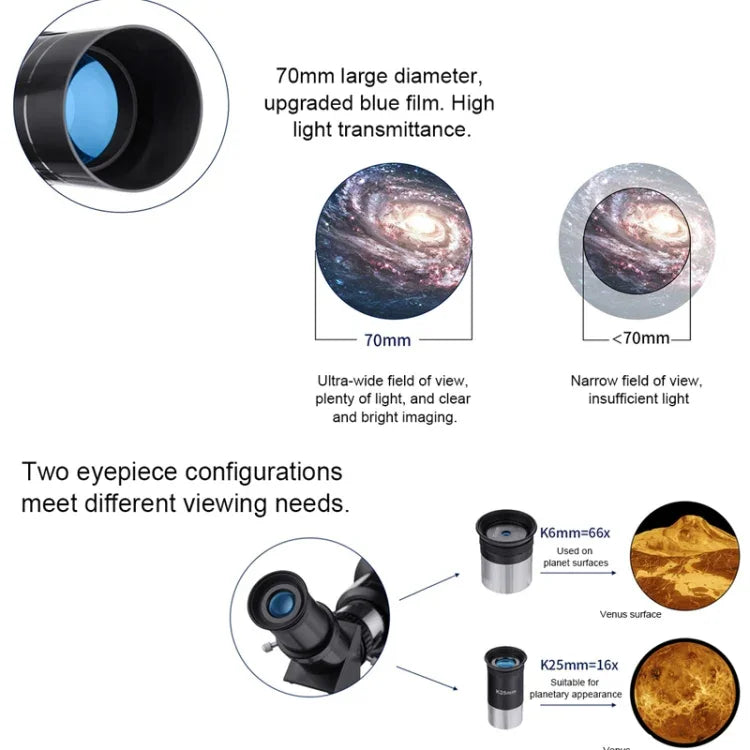 WR852-3 Telescópio Astronómico de Alta Definição 16x/66x70 com Tripé, Clipe para Fixar Telemóvel e Filtro Lunar, 66x70 Branco + Filtro Lunar, 66x70 Azul + Filtro Lunar