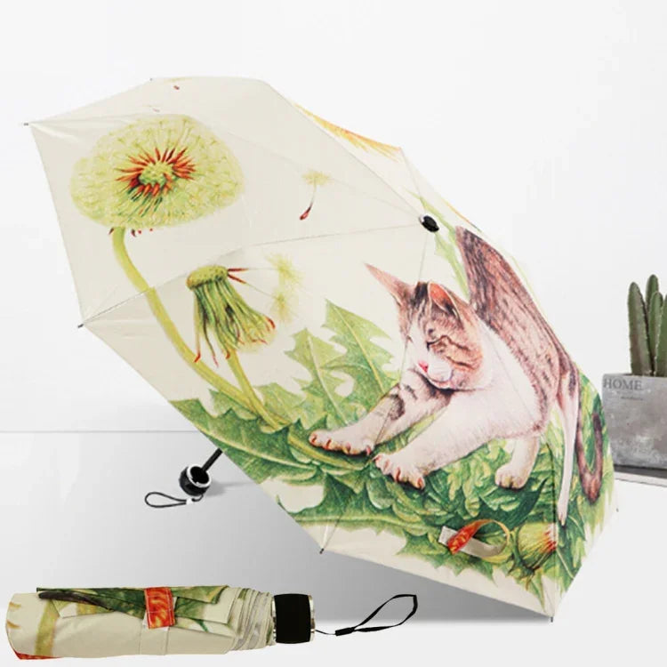 Guarda-chuva criativo de moda de três dobras com padrão de gato preguiçoso e fita prateada anti-ultravioleta, Guarda-chuva com padrão de gato e fita prateada