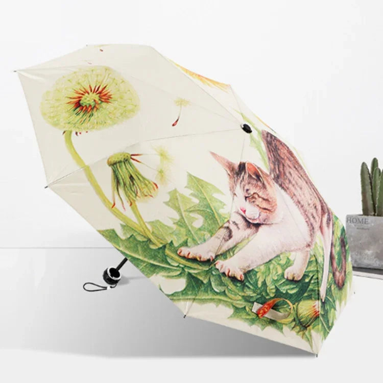 Guarda-chuva criativo de moda de três dobras com padrão de gato preguiçoso e fita prateada anti-ultravioleta, Guarda-chuva com padrão de gato e fita prateada