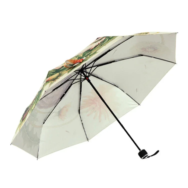Guarda-chuva criativo de moda de três dobras com padrão de gato preguiçoso e fita prateada anti-ultravioleta, Guarda-chuva com padrão de gato e fita prateada