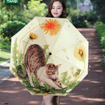 Guarda-chuva criativo de moda de três dobras com padrão de gato preguiçoso e fita prateada anti-ultravioleta, Guarda-chuva com padrão de gato e fita prateada