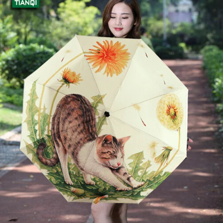 Guarda-chuva criativo de moda de três dobras com padrão de gato preguiçoso e fita prateada anti-ultravioleta, Guarda-chuva com padrão de gato e fita prateada