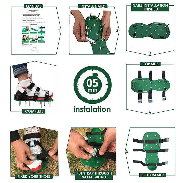 Ferramentas para jardim e relva, sapatos com espigões para arrancar relva com 8 fivelas metálicas, com 8 fivelas metálicas (Preto), com 8 fivelas metálicas (Verde)