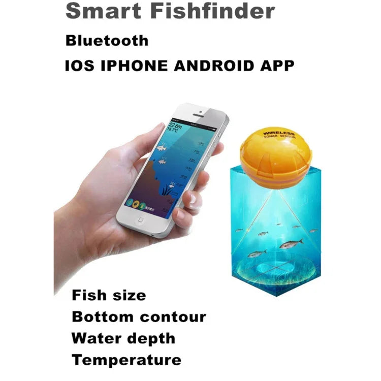 Detetor de Peixes Bluetooth Sensor Sonar 125KHz Localizador de Peixes 0,6-36m Profundidade Alarme para Telemóveis iOS & Android, Alcance de Operação: 0,6-36m