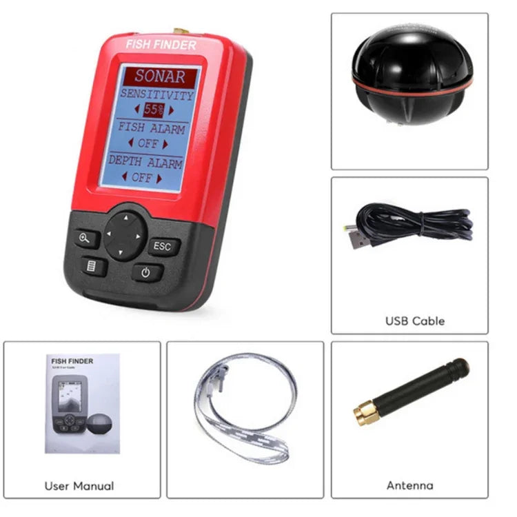 Detector de Peixes Sem Fios XJ-01 Sensor Sonar 125KHz Localizador de Profundidade 0,6-36m com Ecrã LCD de 2,4 polegadas e Antena, Sensor de Temperatura da Água Integrado, XJ-01