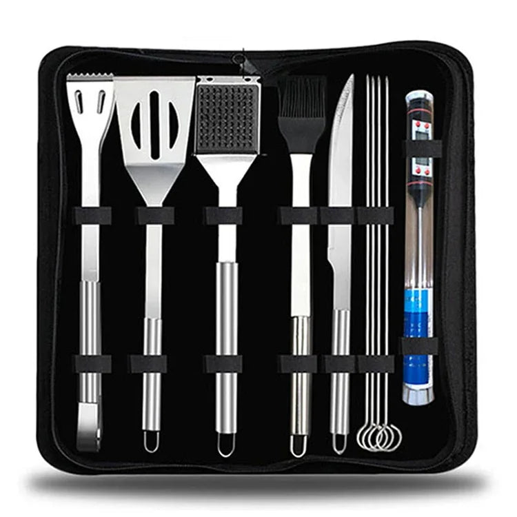Conjunto de Talheres 10 em 1 para Exterior Talheres para Campismo e Churrasco Conjunto de Ferramentas para Piquenique com Termómetro, 10 em 1, com Termómetro