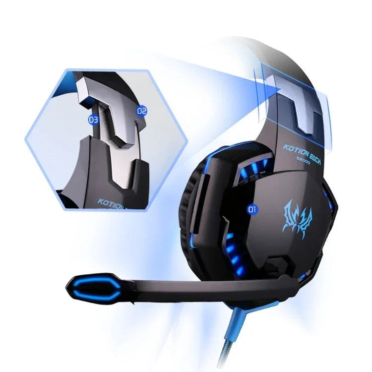 KOTION EACH G2000 Auscultadores Over-ear para Jogos com Microfone, Bass Estéreo, Luz LED para PC Gamer, Comprimento do Cabo: Cerca de 2.2m (Branco + Vermelho), G2000