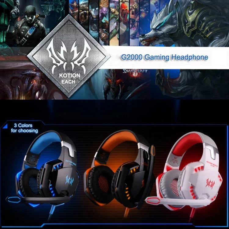 KOTION EACH G2000 Auscultadores Over-ear para Jogos com Microfone, Bass Estéreo, Luz LED para PC Gamer, Comprimento do Cabo: Cerca de 2.2m (Branco + Vermelho), G2000