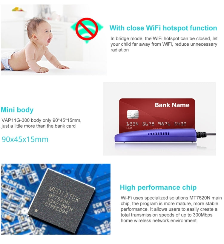 Repetidor WiFi Mini VONETS VAP11G-300 300Mbps, Melhor Parceiro para Dispositivo IP / Câmera IP / Impressora IP / XBOX / PS3 / IPTV / Skybox, VAP11G-300