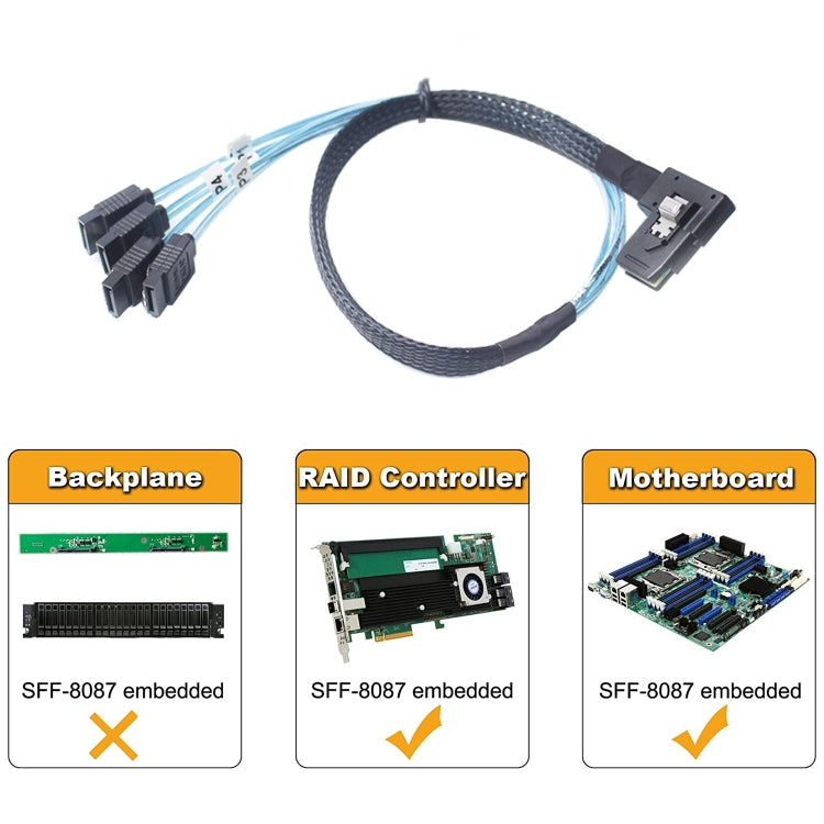 Cabo de Dados Mini SAS (SFF-8087) para 4 x SATA 7 Pinos Fêmea com Divisor Direto 6Gbps, Comprimento: 50cm, SFF-8087 (Comprimento: 50cm)