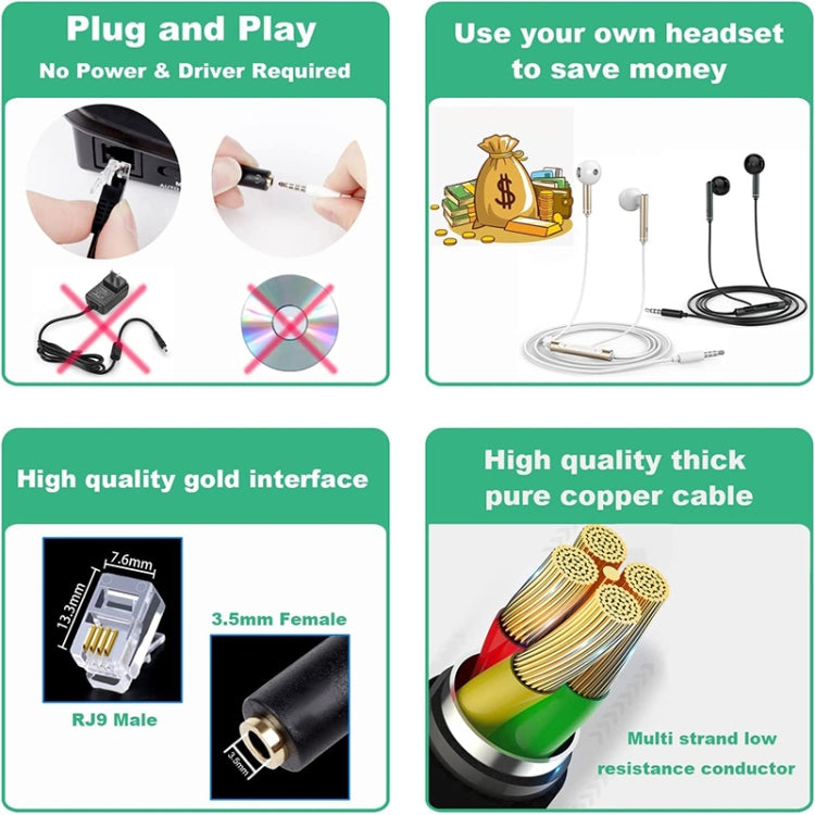 Cabo Adaptador Conversor de Jack 3,5mm para RJ9 para Auscultadores de PC / Telemóveis para Telefone de Escritório, Comprimento: 32cm