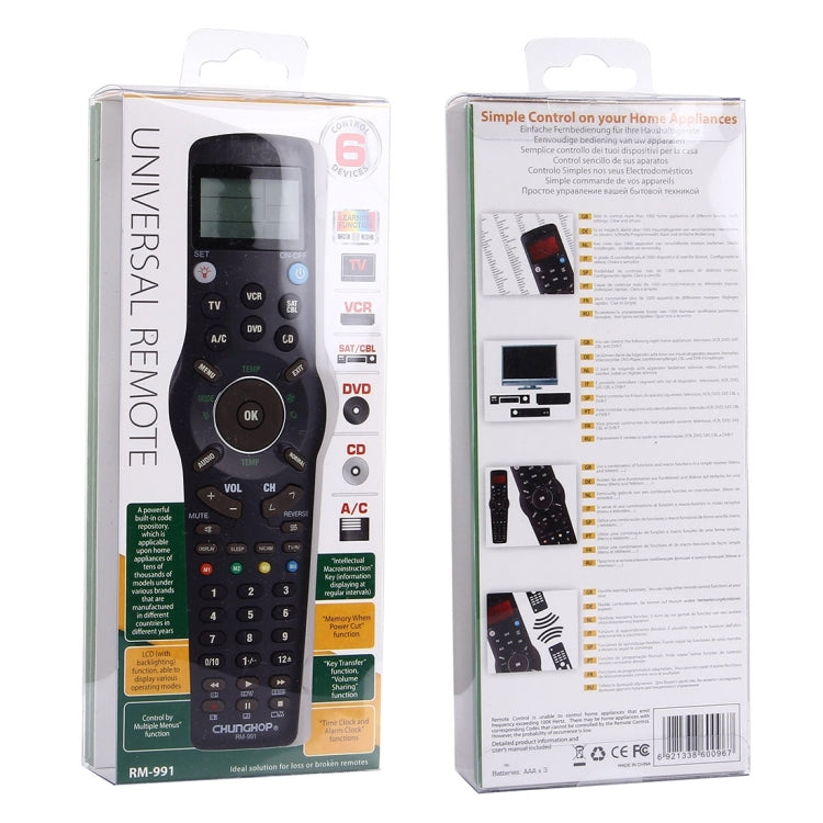 Comando Universal LCD CHUNGHOP RM-L991 com Função de Aprendizagem para TV VCR SAT CBL DVD CD A/C, RM-L991