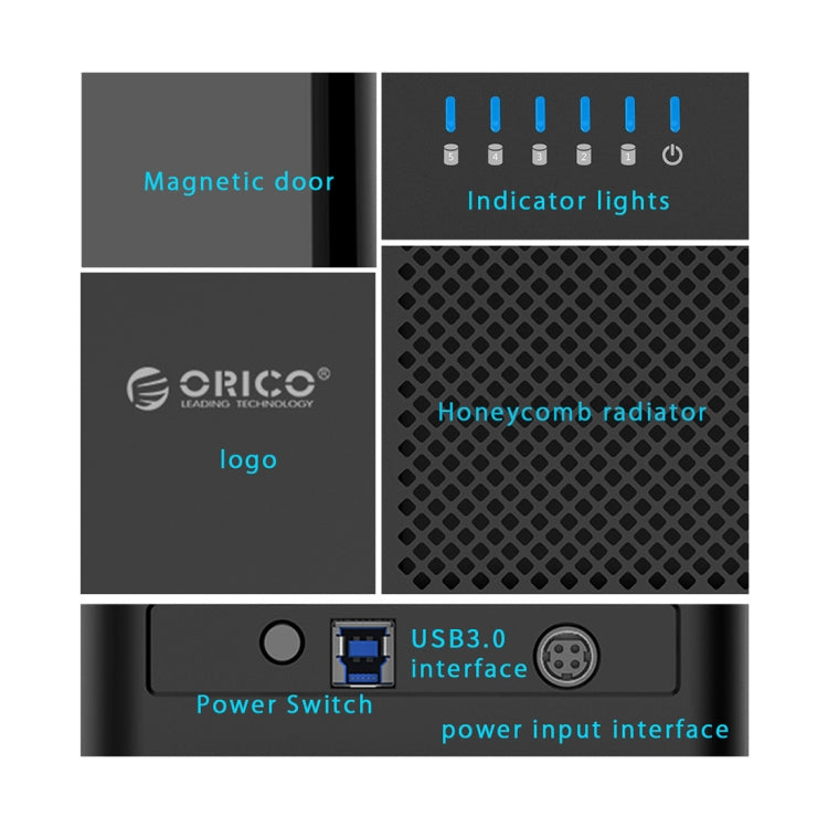 Caixa para Disco Rígido USB 3.0 ORICO DS500U3 de 3,5 polegadas com 5 Baias Tipo Magnético e Indicador LED Azul, USB 3.0