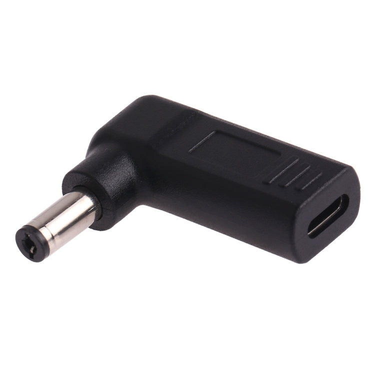 Adaptador conector USB-C / Tipo-C fêmea para ficha macho 5.5 x 2.1mm em ângulo, cotovelo 5.5 x 2.1mm