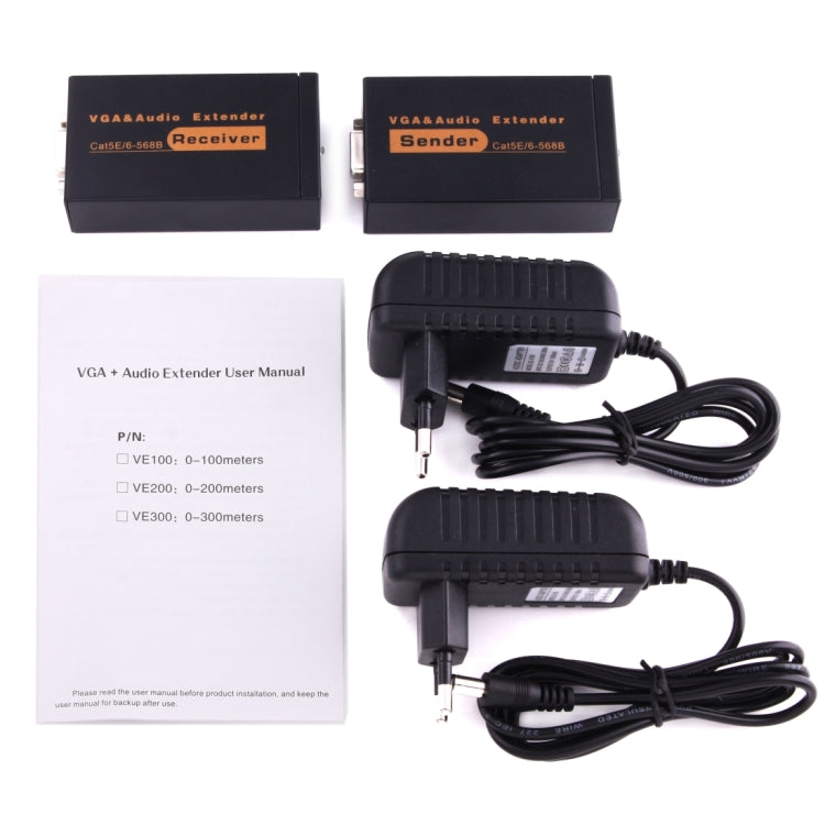 Extensor VGA e Áudio 1920x1440 HD 100m Cabo de Rede Cat5e / 6-568B Transmissor Receptor Adaptador, Distância de Transmissão: 100m