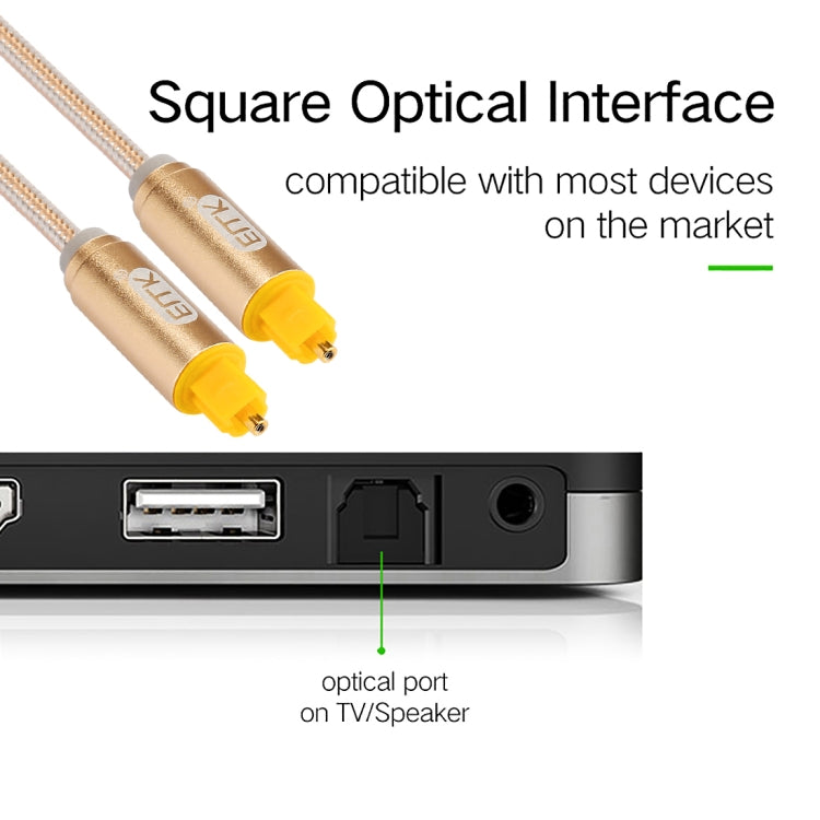 Cabo de Áudio Óptico Digital Toslink Macho para Macho EMK 3m OD4.0mm com Cabeça Metálica Dourada e Linha Trançada, Comprimento: 3m