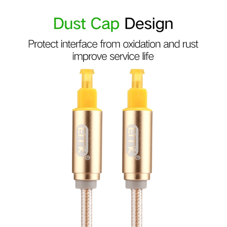 Cabo de Áudio Óptico Digital Toslink Macho para Macho EMK 3m OD4.0mm com Cabeça Metálica Dourada e Linha Trançada, Comprimento: 3m