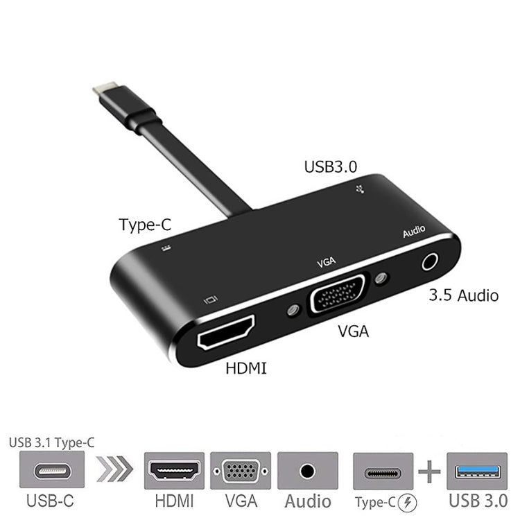 V126 Conversor 5 em 1 USB-C / Tipo-C Macho para PD + HDMI + VGA + Áudio + USB 3.0 Fêmea, 5 em 1