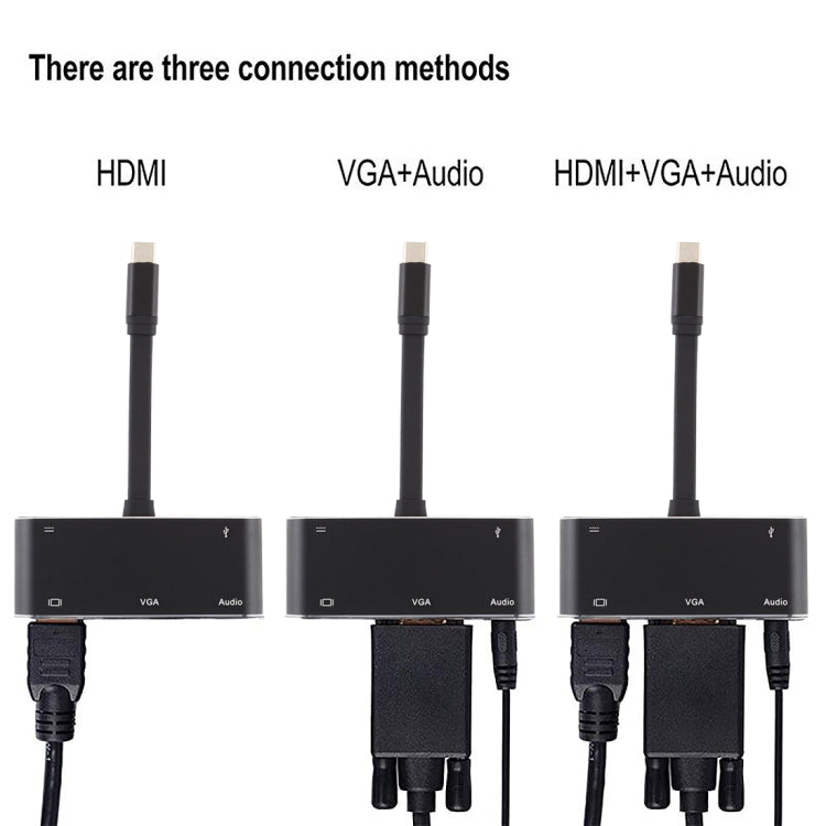 V126 Conversor 5 em 1 USB-C / Tipo-C Macho para PD + HDMI + VGA + Áudio + USB 3.0 Fêmea, 5 em 1