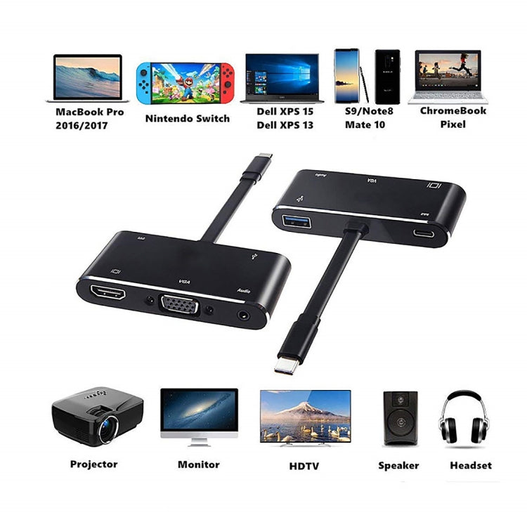 V126 Conversor 5 em 1 USB-C / Tipo-C Macho para PD + HDMI + VGA + Áudio + USB 3.0 Fêmea, 5 em 1